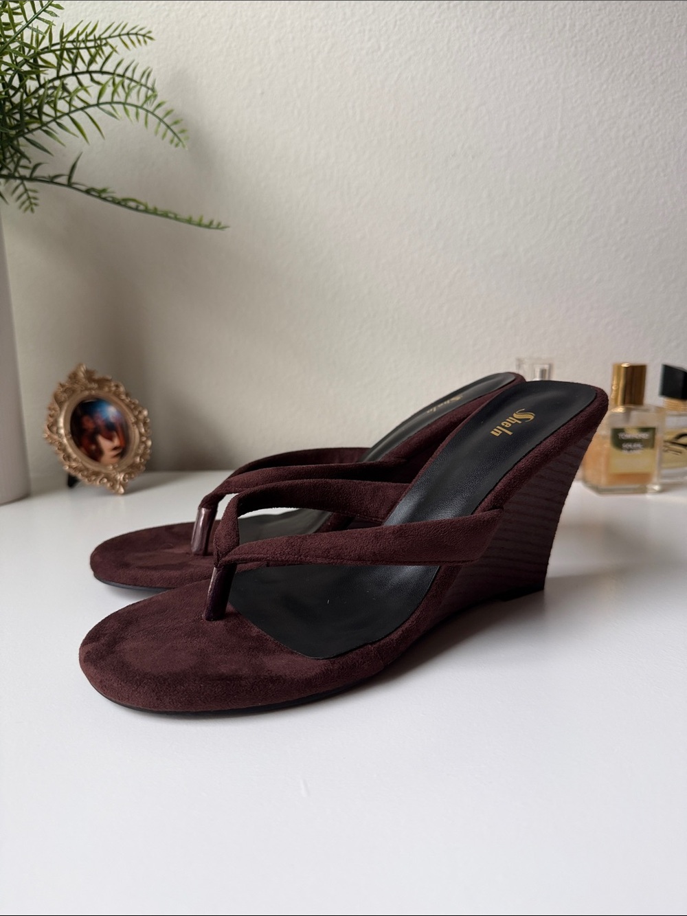 SHEIN Dark Brown Suede Wedge Thong Sandals